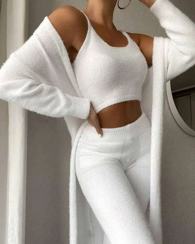 Women wearing 3-piece fuzzy fleece loungewear set with cardigan, tank top, and high-waisted pants for cozy and stylish comfort
