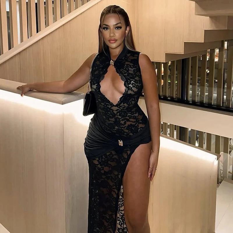 Lace Sleeveless Maxi Dress - Party & Club