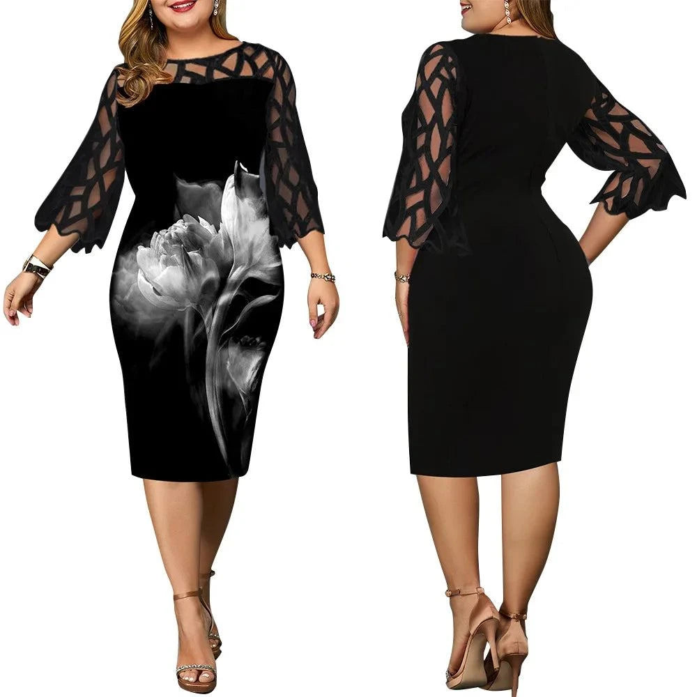 Women's Lace Mesh Floral Midi Dress