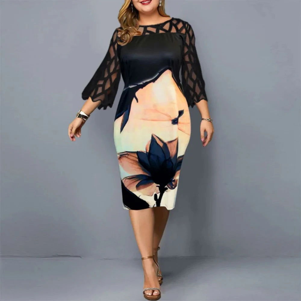 Women's Lace Mesh Floral Midi Dress