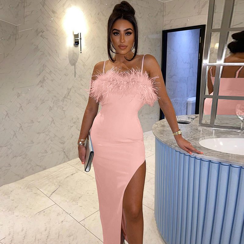 Sling Feather Prom Party Dress - High Split Evening Gown