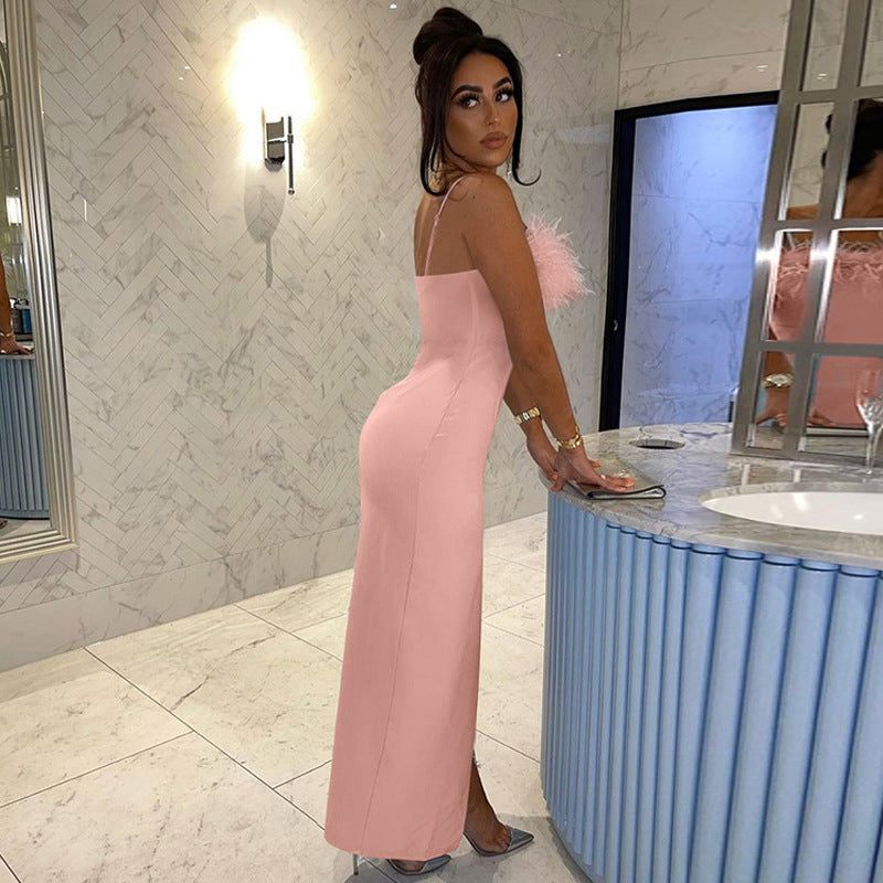 Sling Feather Prom Party Dress - High Split Evening Gown