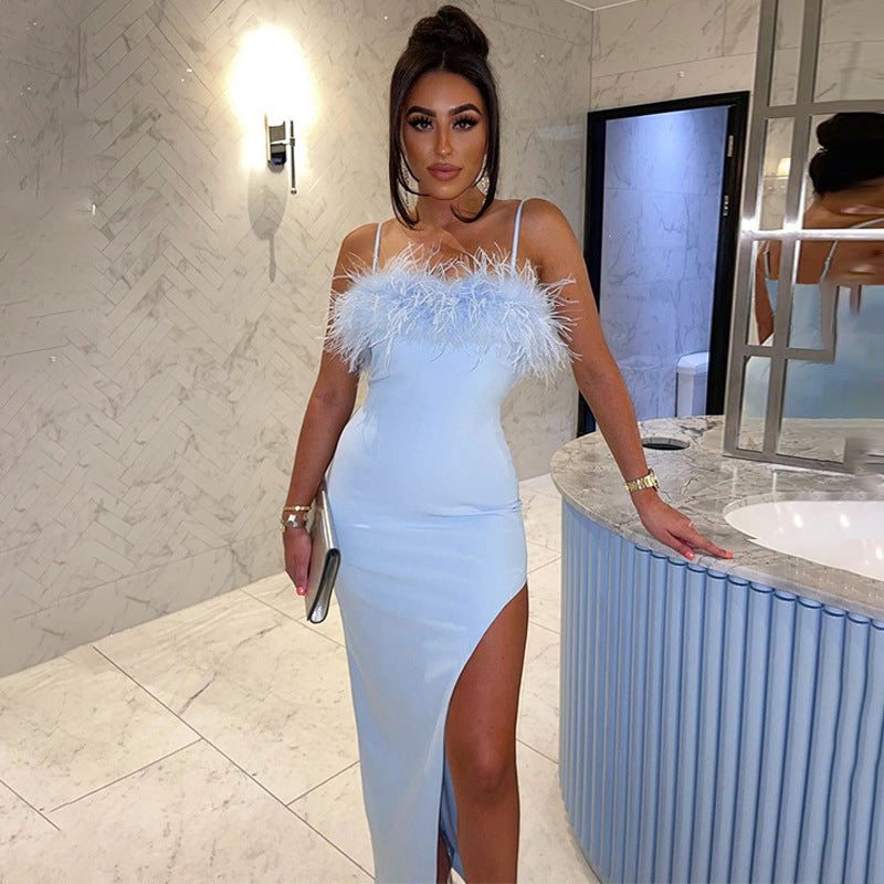Sling Feather Prom Party Dress - High Split Evening Gown