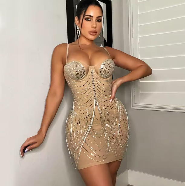 Glitter Mesh Diamond Spaghetti Strap Party Dress
