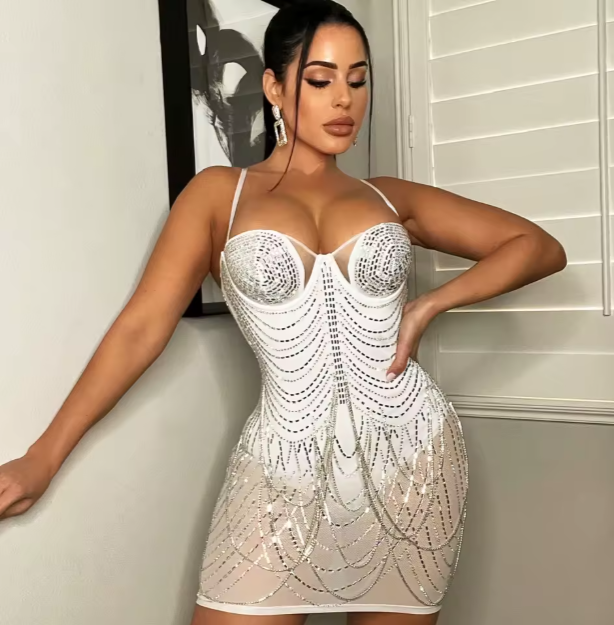 Glitter Mesh Diamond Spaghetti Strap Party Dress