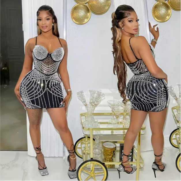 Shiny Mesh Spaghetti Strap Party Mini Dress