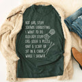 Old Lady Stuff Tee on woman smiling with side-eye and hug gesture, casual stylish shirt.